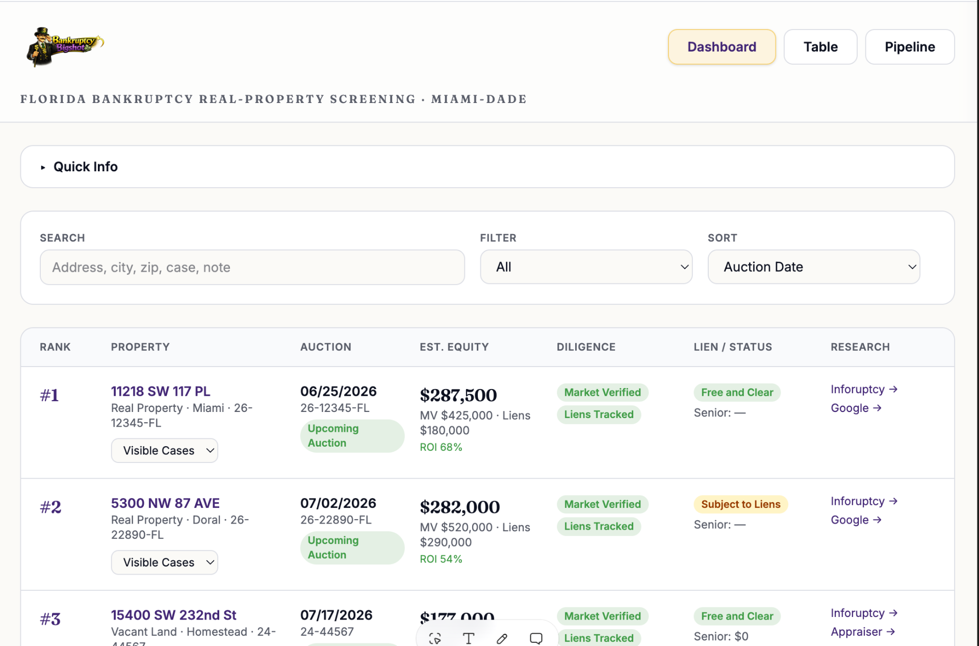 Bankruptcy Screening Terminal interface